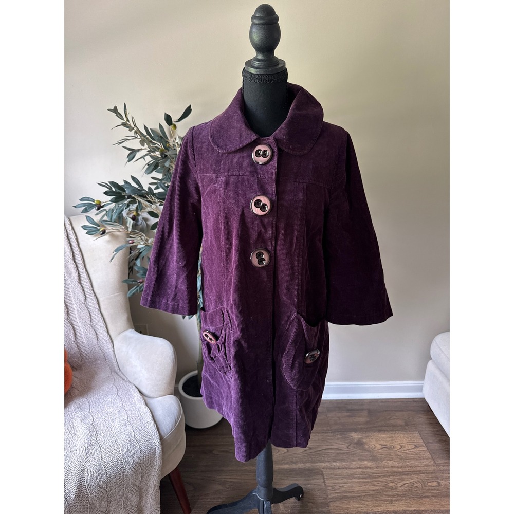 Jolt Vintage Style Purple Corduroy Car Coat Peter Pan Collar Mod Polka Dot Coat